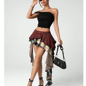 SHEIN Asymmetrical Plaid Skirt in Red and Black
